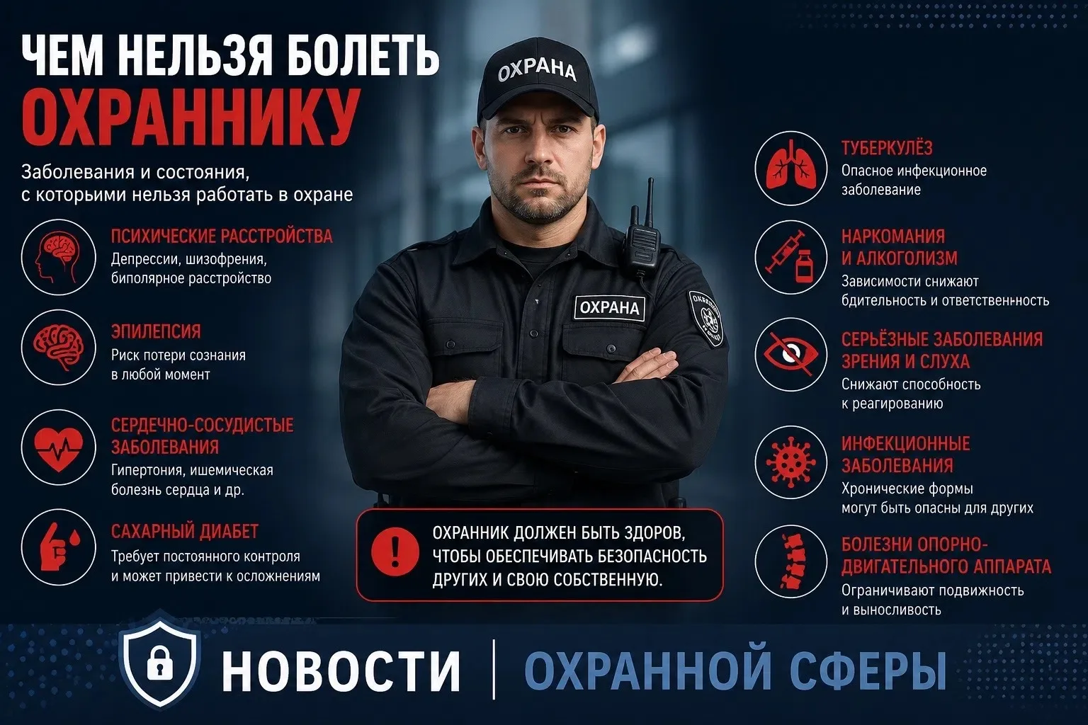 ⚖️ Минздрав обновил список противопоказаний для охранников

С 1 сентября, после вступления в силу но