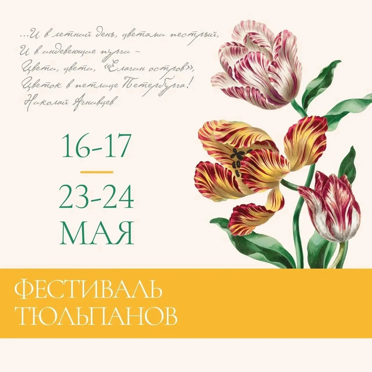 XIV Фестиваль тюльпанов на Елагином острове

🗓 16 и 17 мая
💸 от 0 до 200 руб. 
📍 Елагин остров

�