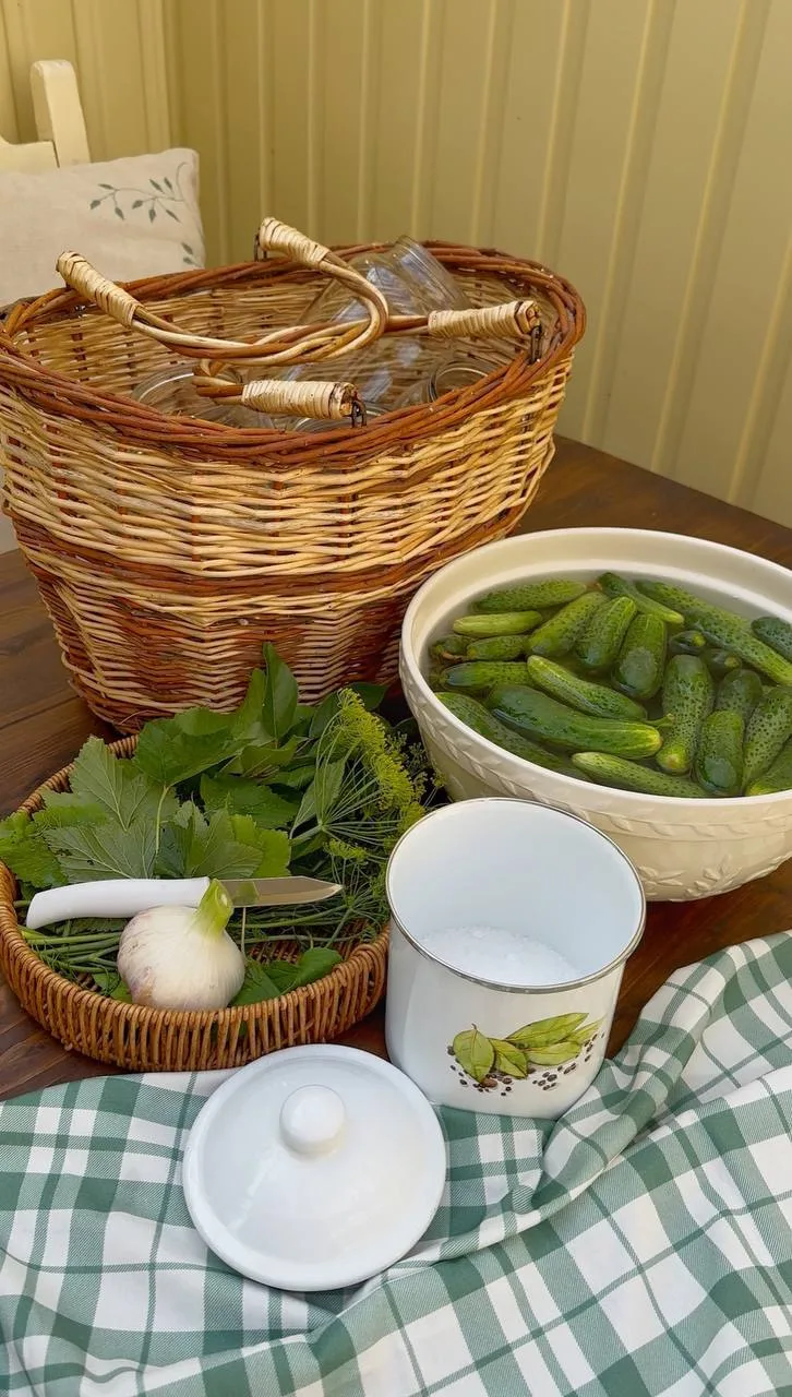 Малосольные огурчики 🥒

На 3 литровую банку огурцов:
листья черной смородины,вишни по 5 шт.(можно б