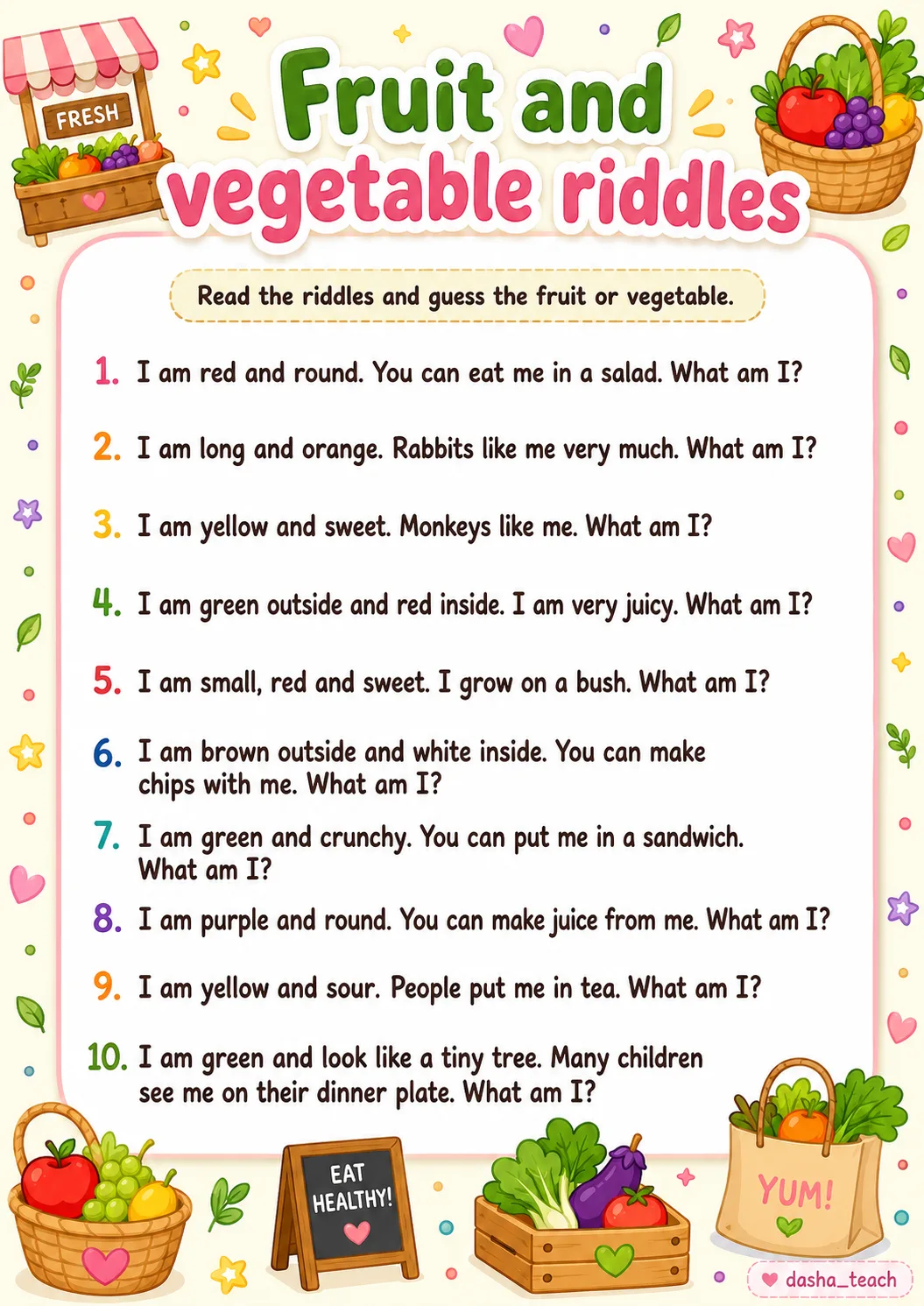 🍓🥦 fruit and vegetable riddles

серия рабочих листов с загадками на английском по теме fruits and 