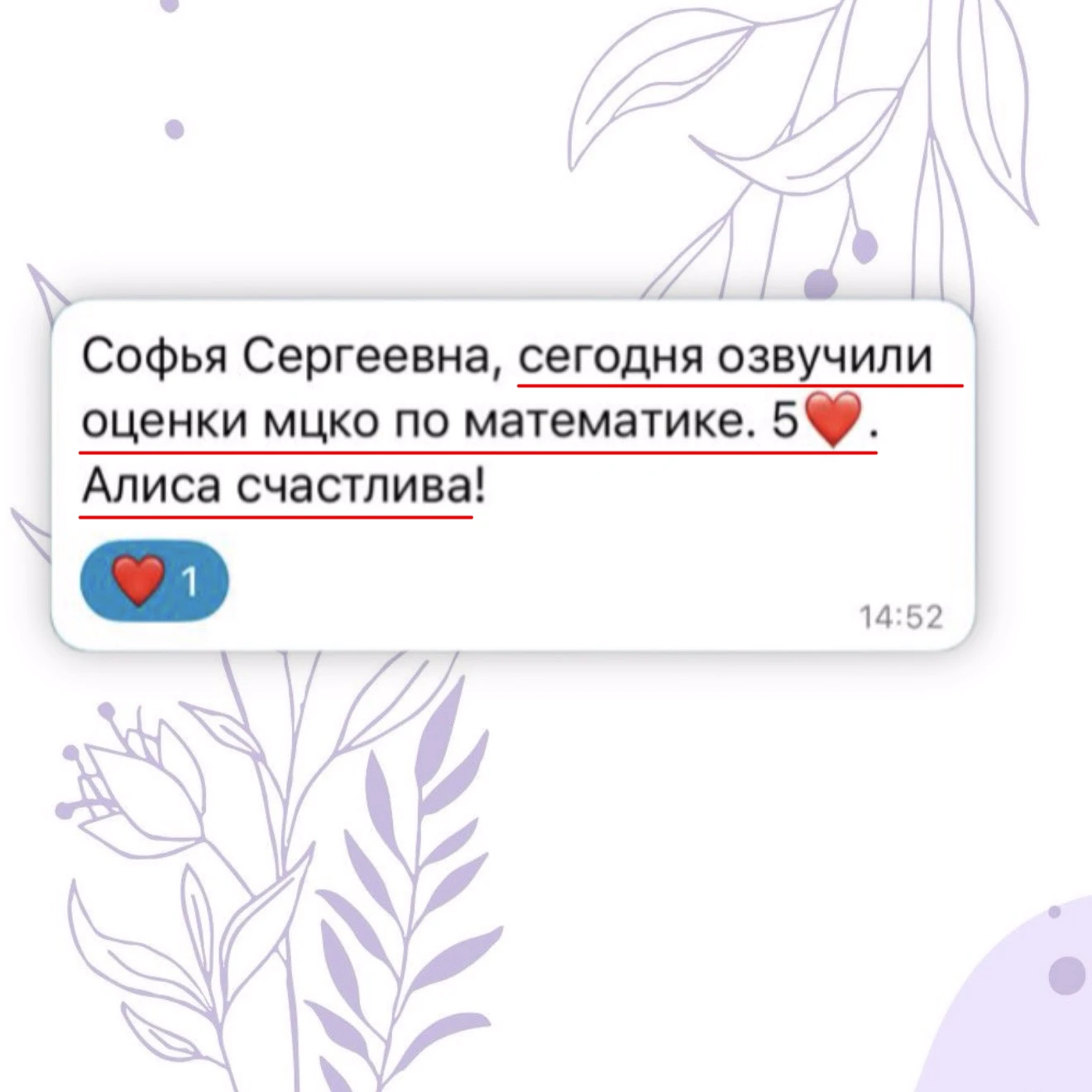 «Софья Сергеевна, сегодня озвучили оценки мцко по математике. 5 ❤️
Алиса счастлива!»

Пишет мама наш