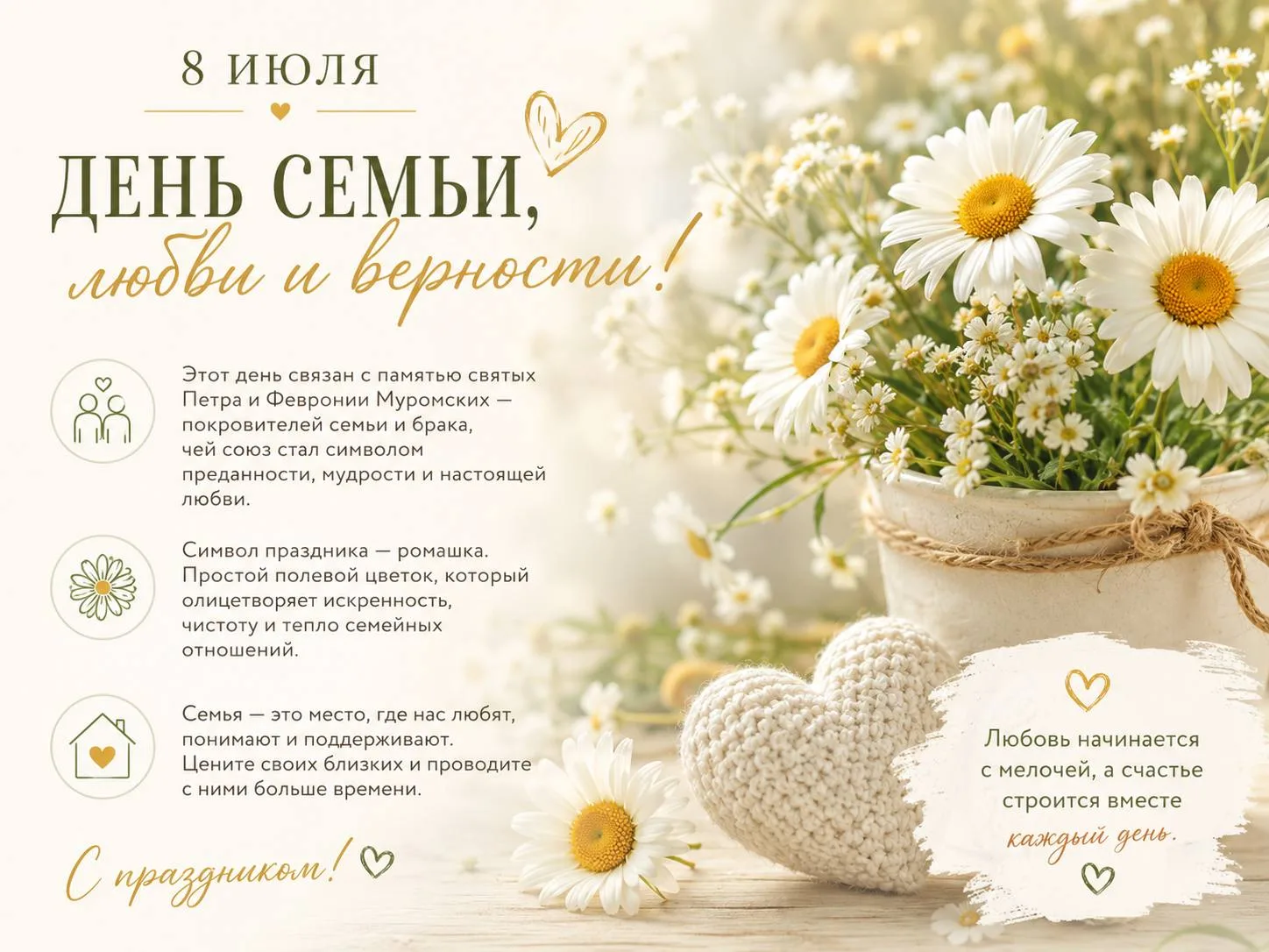 🤍 8 июля-День семьи, любви и верности. 
📜 Дата праздника выбрана не случайно. Она связана с память