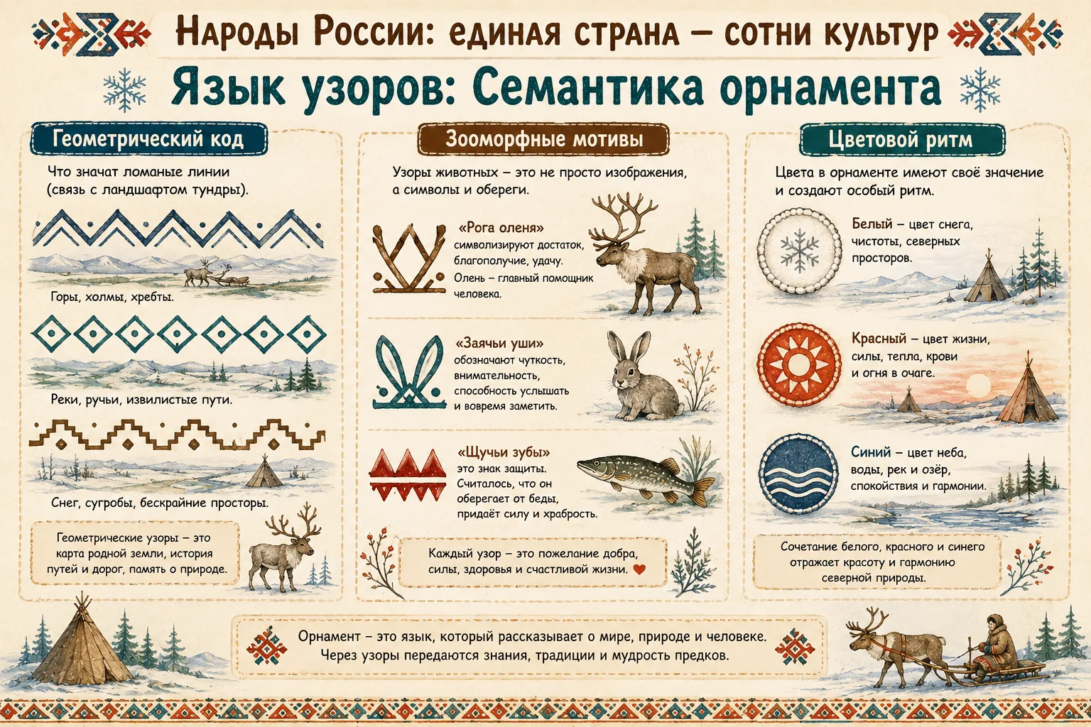 🇷🇺 Народы России: единая страна — сотни культур
🎨 Язык узоров: семантика орнамента
У народов Севе