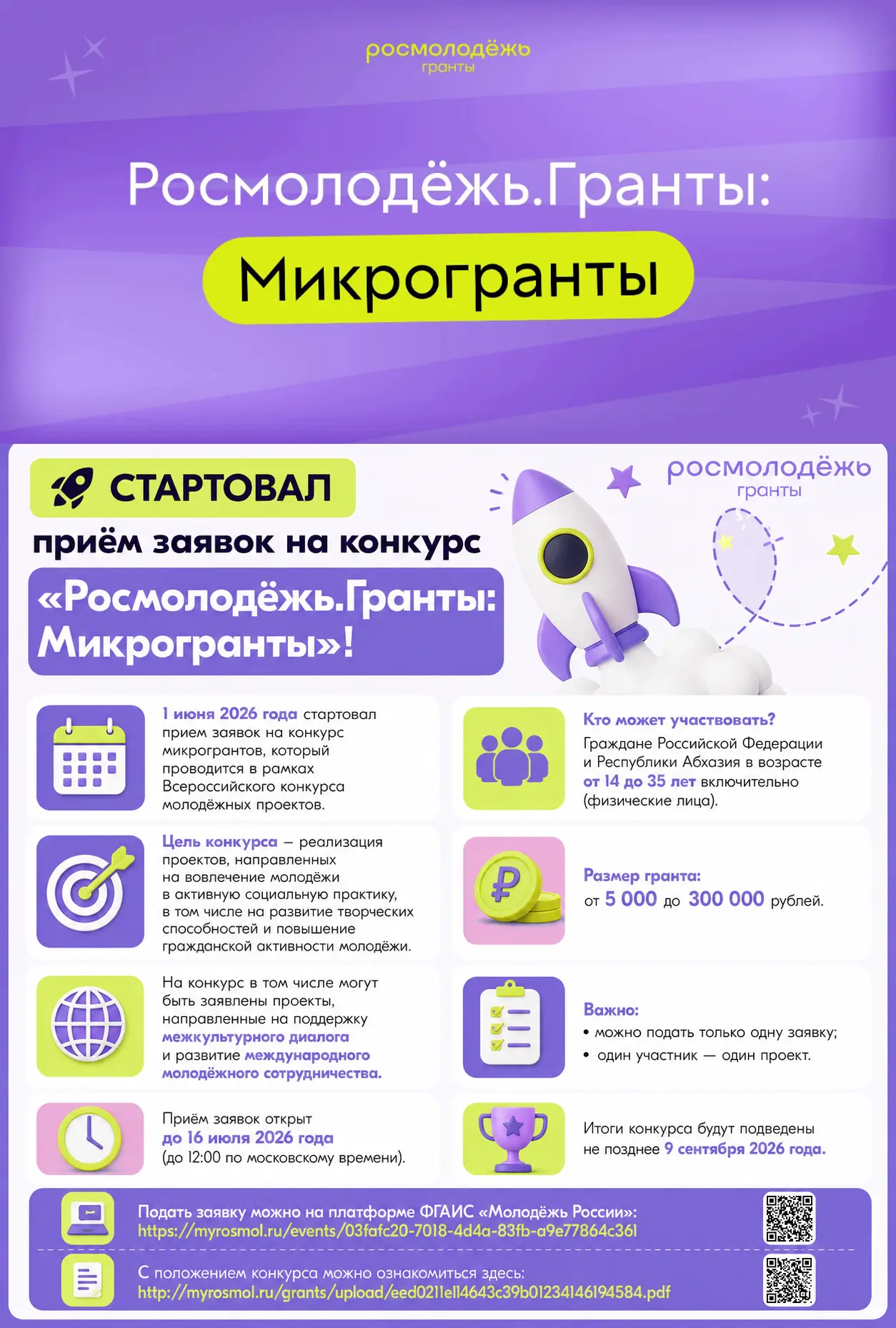 🚀 Стартовал приём заявок на конкурс «Росмолодёжь.Гранты: Микрогранты»!

📆 1 июня 2026 года стартов