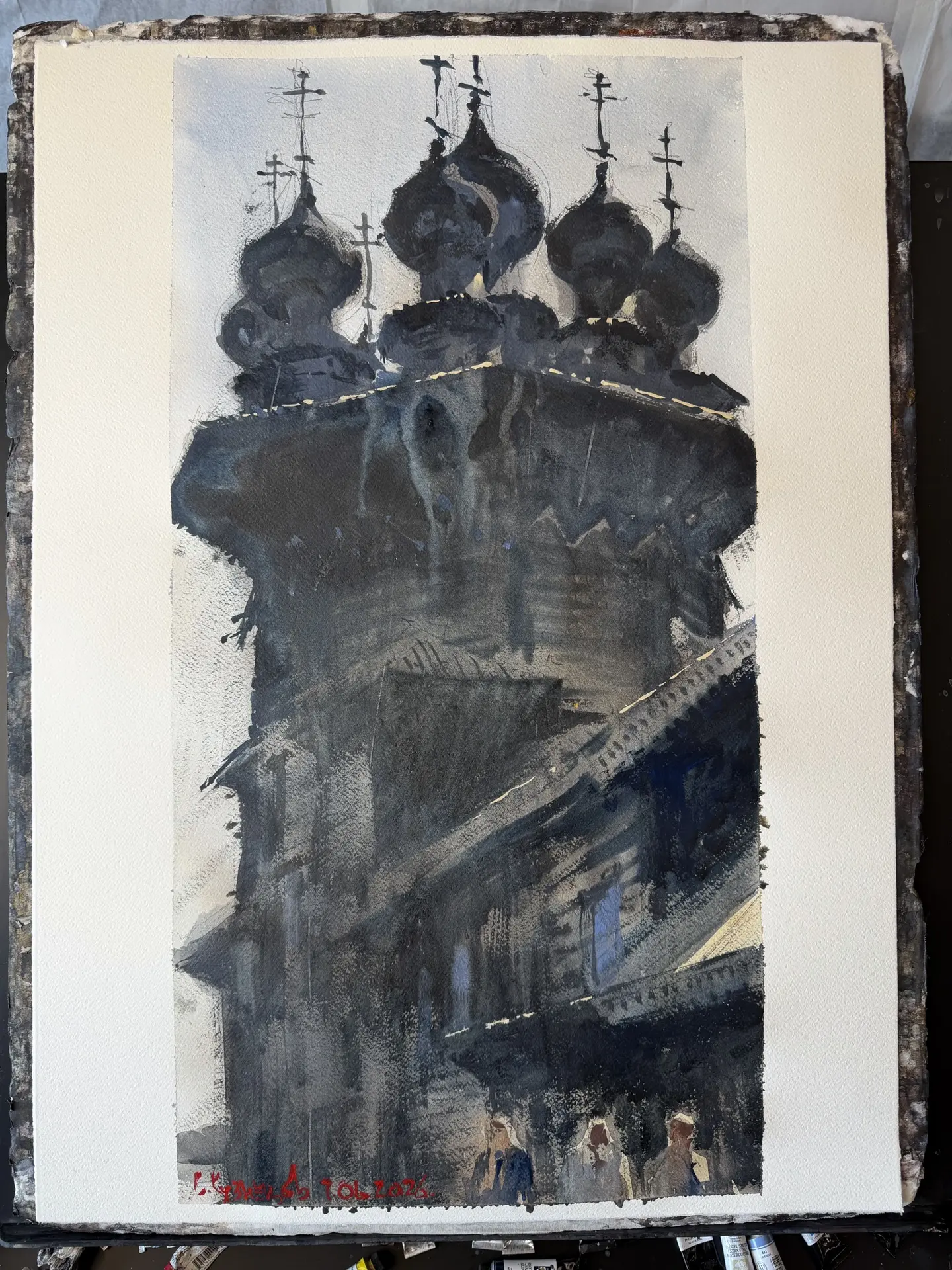 Церковь Покрова Богородицы в Кижах.

Я использовал насыщенные тёмные тона для передачи текстуры дере