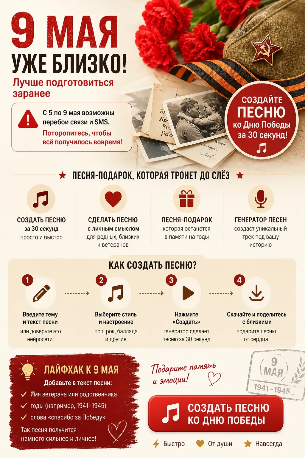🇷🇺 9 Мая уже близко — не откладывайте - создать песню 

С 5 по 9 мая возможны перебои связи:
📡 ин