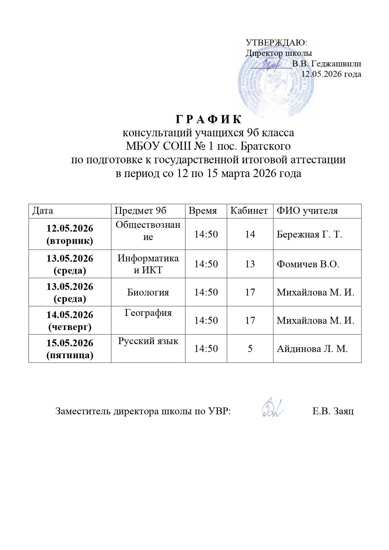 Графики консультаций по подготовке к ОГЭ в период с 12 по 15 мая