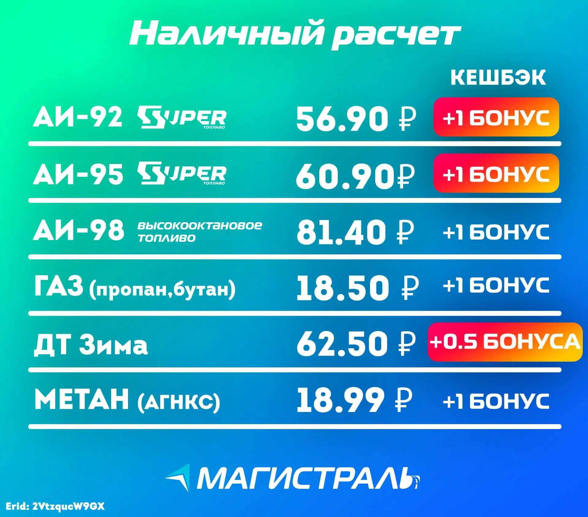 🔥 Актуальные акционные цены на топливо в АЗС «Магистраль» 🔥 
 
Наличный расчёт + кэшбэк бонусами: 