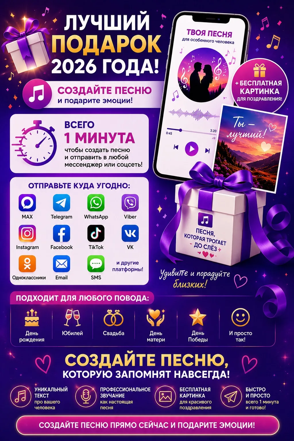 🎁 Лучший подарок 2026 года — создать песню и получить картинку в подарок!

Всего за 1 минуту вы мож