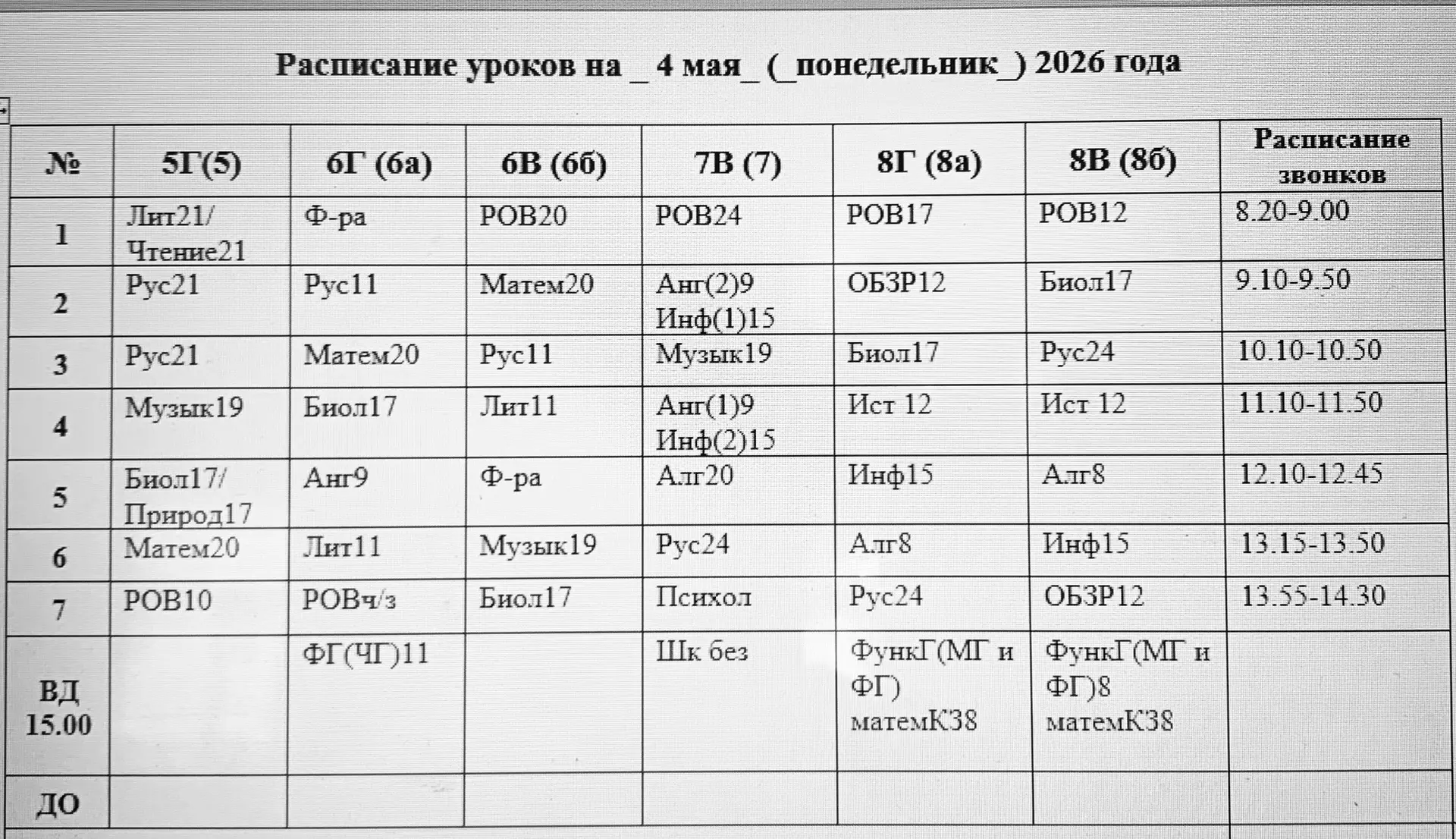Порядок уроков на 4 мая(понедельник). После 5 урока- репетиция парада