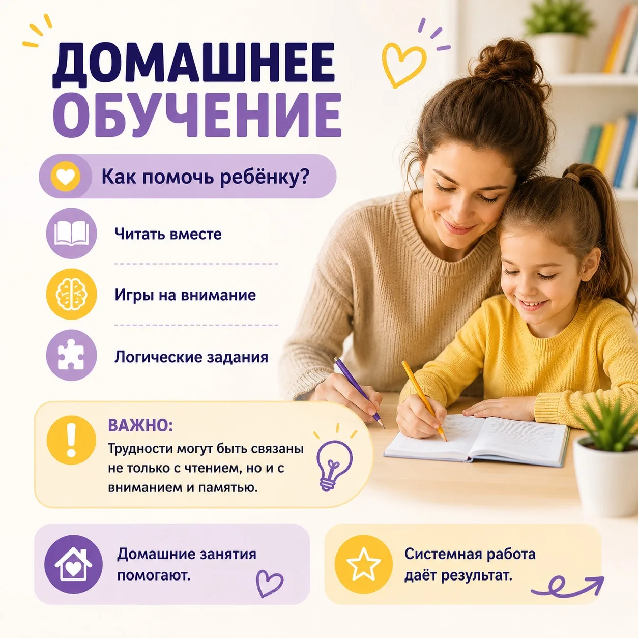 Можно ли помочь ребёнку дома самостоятельно?

Конечно, поддержка родителей играет очень важную роль 