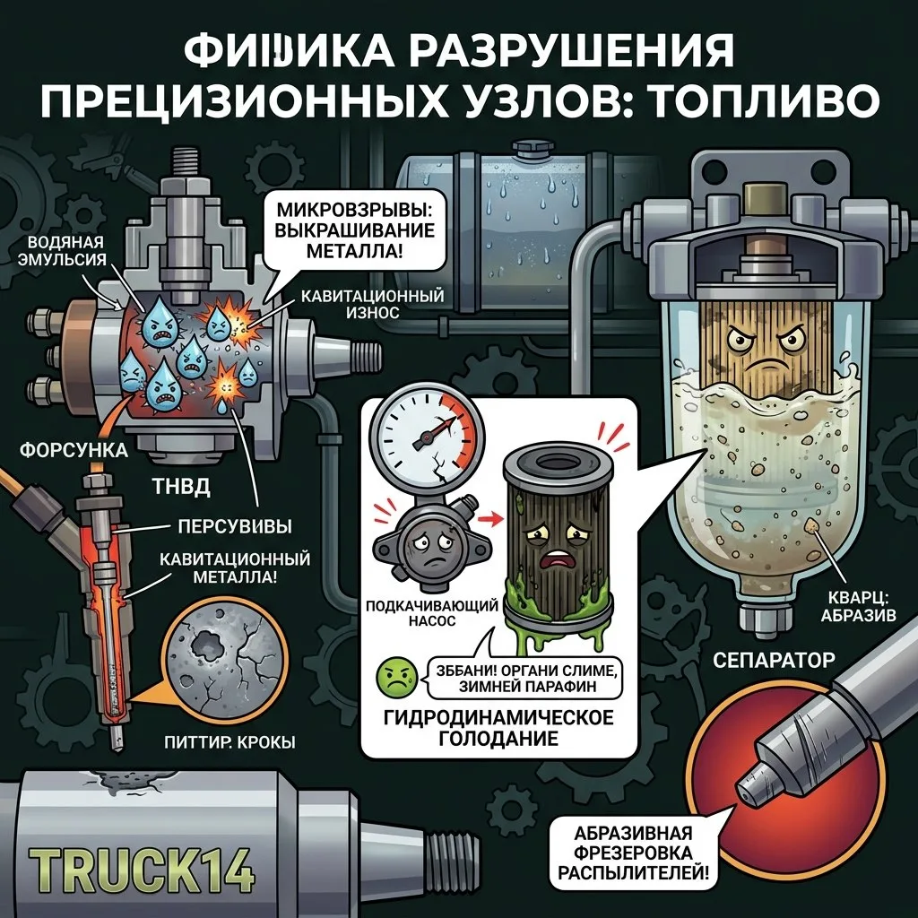 Физика разрушения прецизионных узлов 🛠️⚙️:

Кавитационный износ (Водяная эмульсия) 💧: Суточные пер