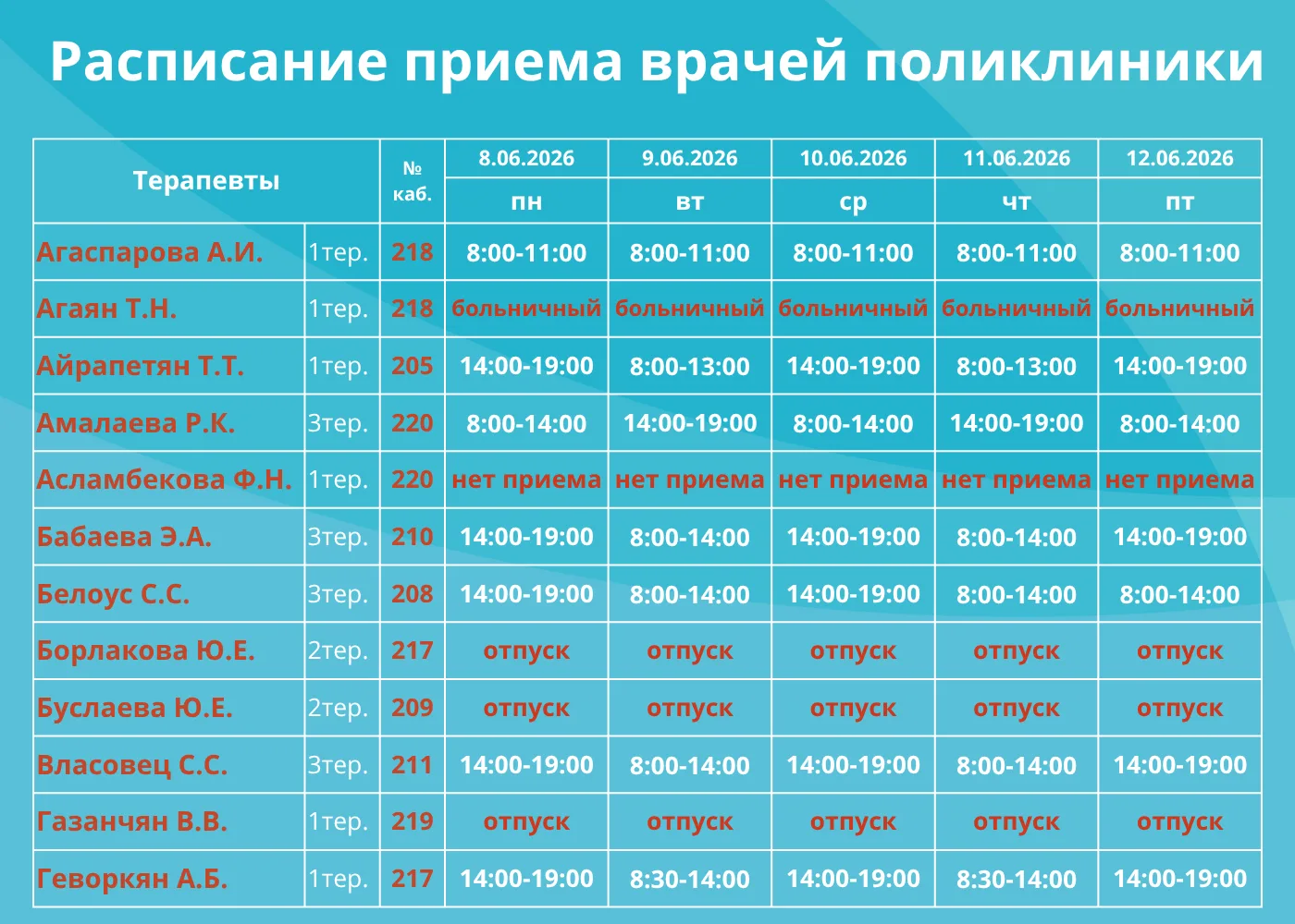🗓РАСПИСАНИЕ РАБОТЫ ПОЛИКЛИНИКИ

Часы приема врачей поликлиники с 8 по 11 июня. Режим работы терапев