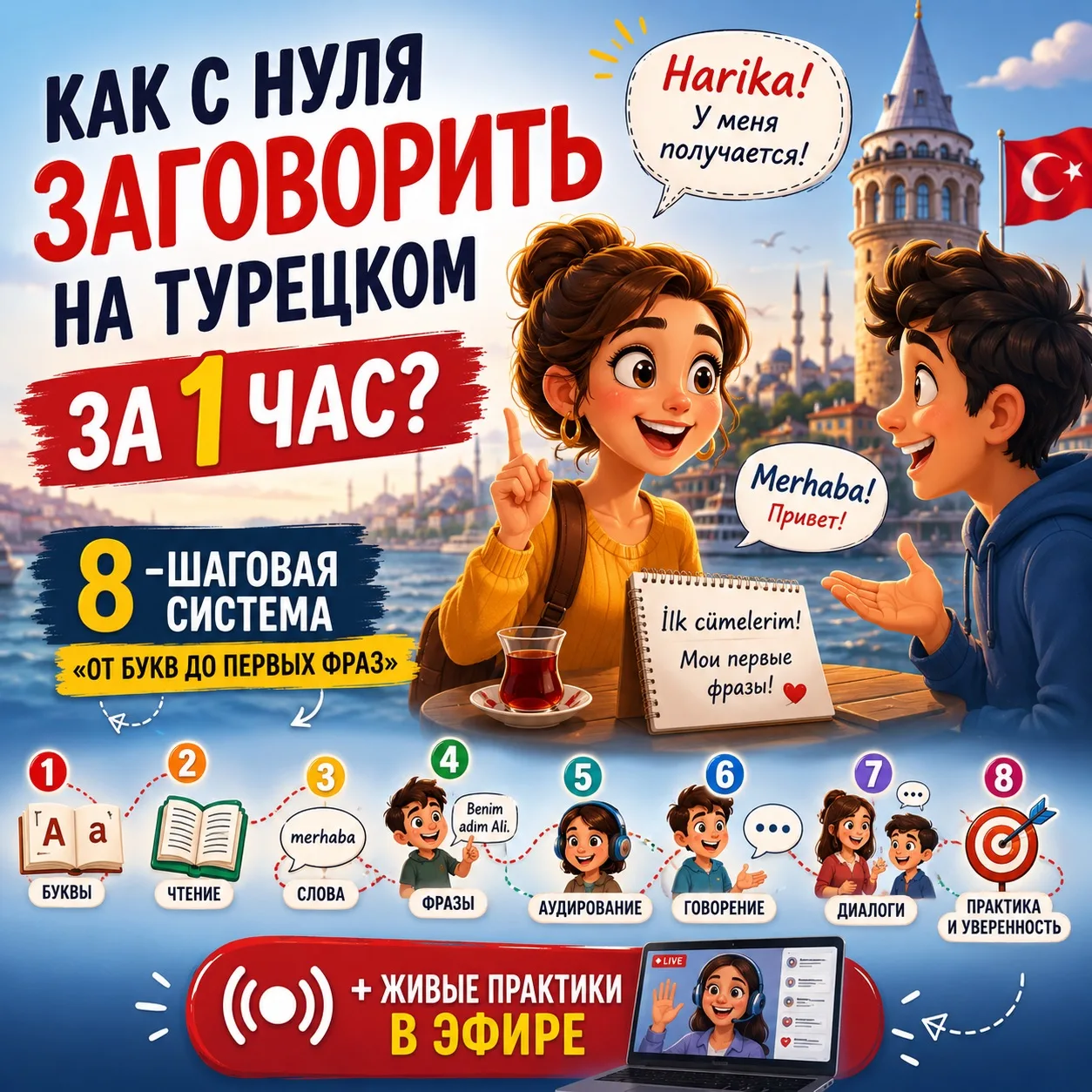 Открытый урок «Заговорите на турецком за 1 час — без зубрёжки и страха!»🇹🇷

8‑шаговая система «от 