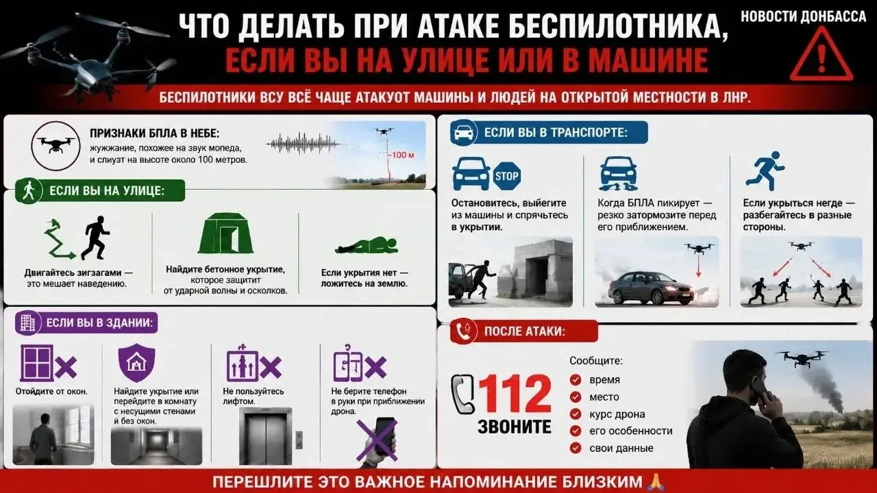 ❓ Что делать при атаке беспилотника, если вы на улице или в машине 

📍 Признаки БПЛА в небе: жужжан
