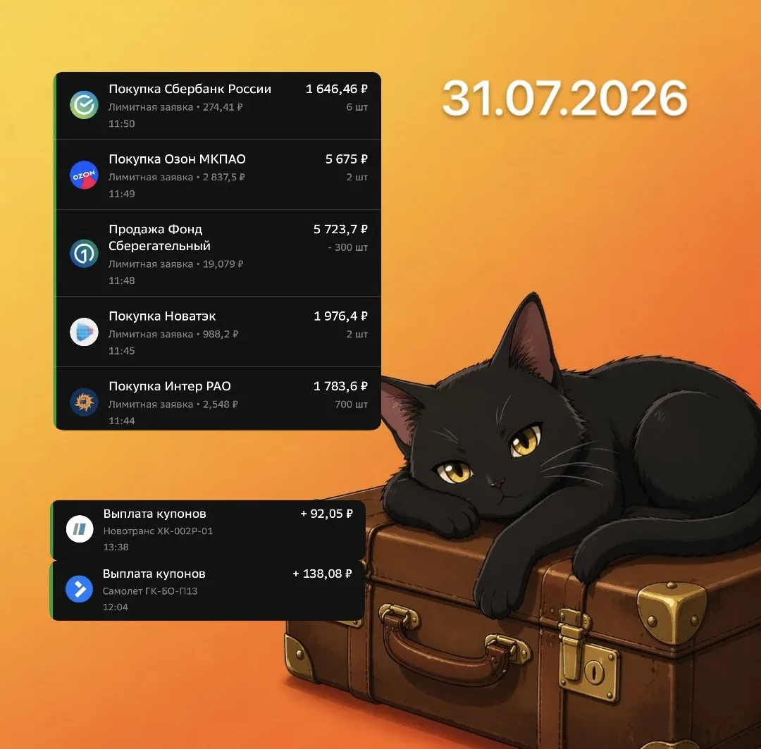 🧳 Пополняю "Чемодан"

✅ Неделя 16/184
Пополнение: 5000 руб.
Всего внесено: 80000 руб.
Покупки: акци