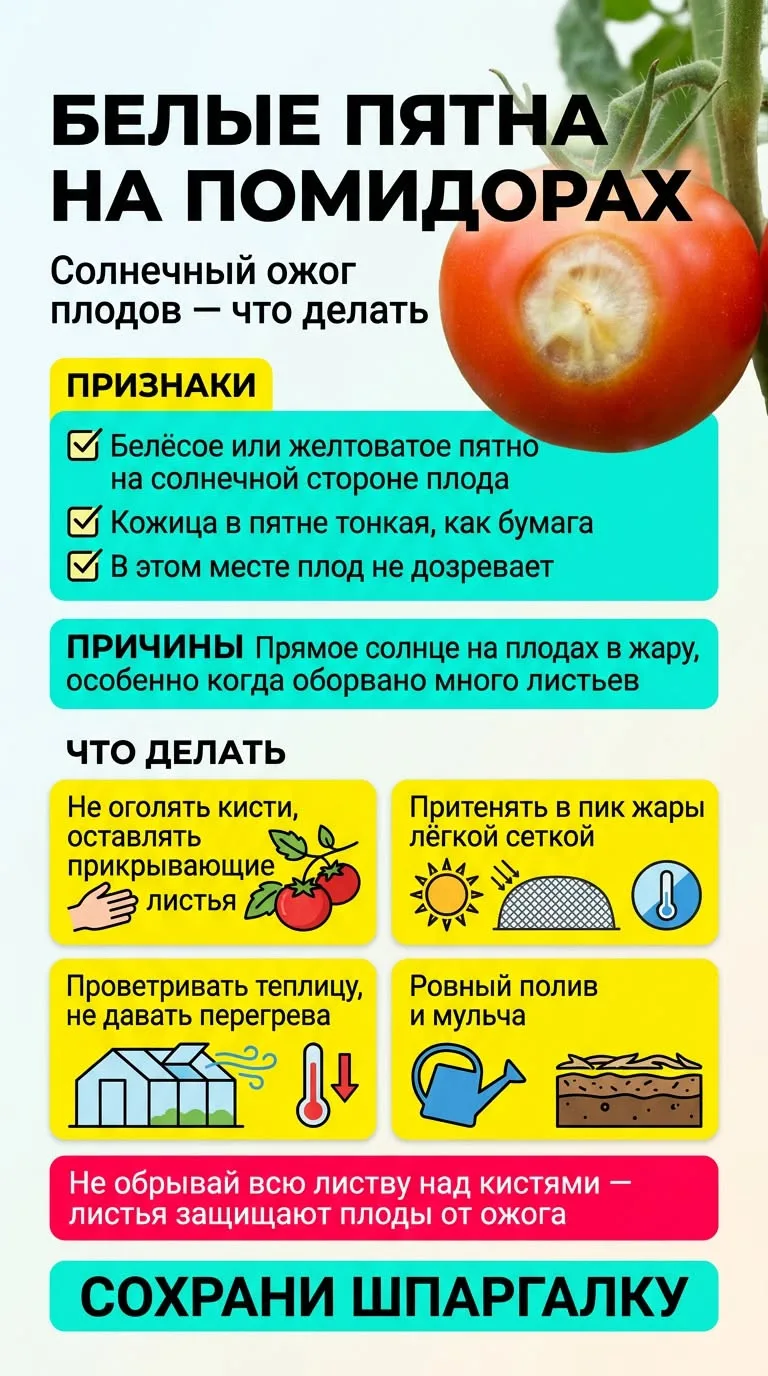 **🌱 Как спасти урожай от «солнцееда»?**

Если вы заметили, что ваши помидоры покрываются белыми и ж