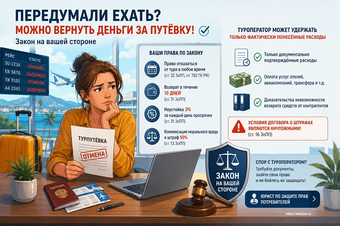 ✈️ Можно ли вернуть деньги за путёвку, если передумали ехать?

Да. Но размер возврата зависит не от 
