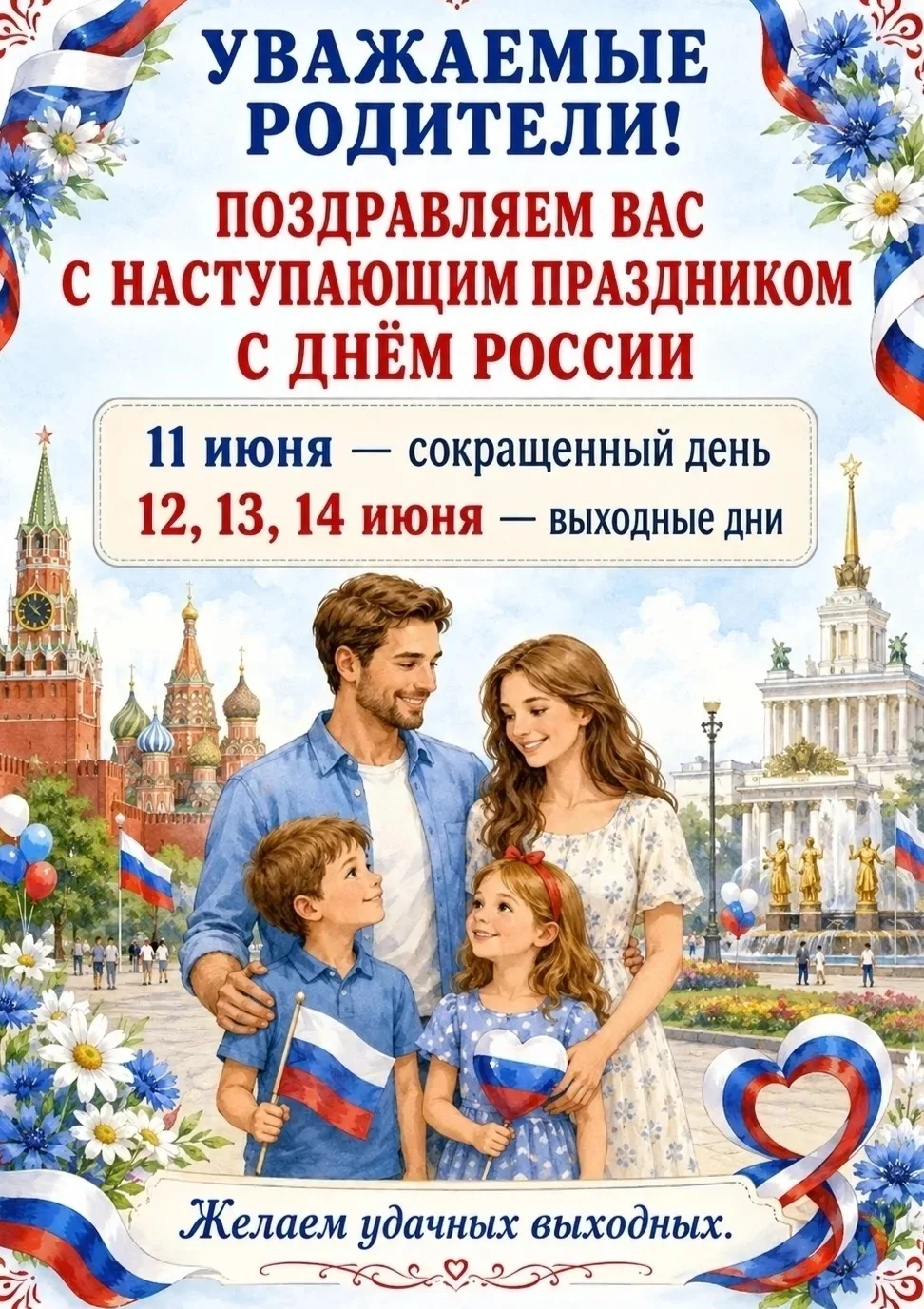 ПРАЗДНИЧНЫЕ ВЫХОДНЫЕ☀️
Дорогие родители
🇷🇺От всей души поздравляем вас с наступающим праздником — 