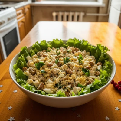 «Цезарь по-русски» — На родной лад! 🥬🍗

Упрощённый и уютный: отварная курица, яйцо, сыр, ржаные гр