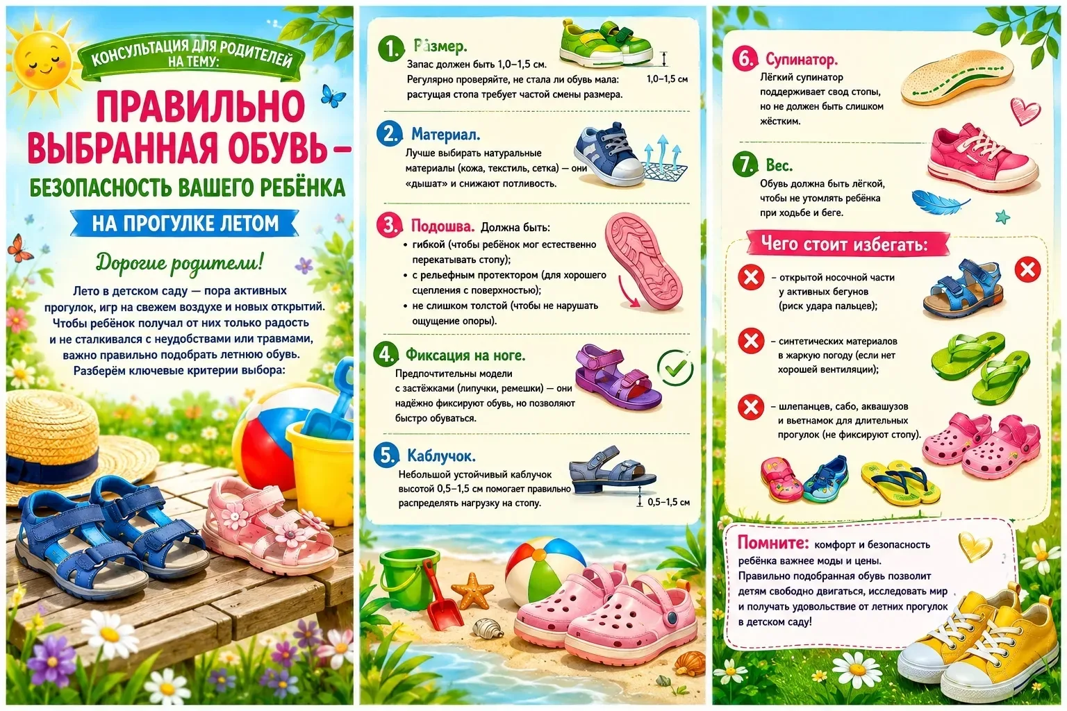 Летняя обувь для детского сада должна быть безопасной, дышащей и удобной для самостоятельного надева