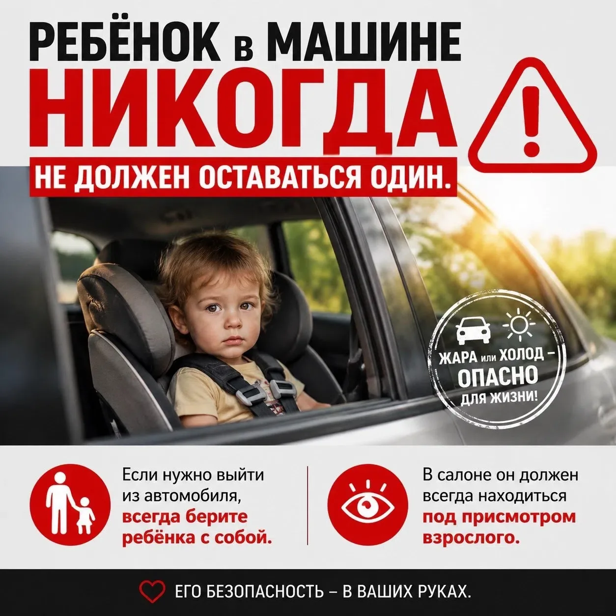 ⚠️ БЕЗОПАСНОСТЬ РЕБЕНКА В ВАШИХ РУКАХ!

Оставить ребёнка одного в машине даже ненадолго — плохая иде