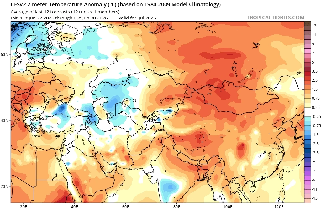 ✅ Июль 2026 по версии CFS: жара в Европе и Сибири, дожди на Урале

Прогноз американской климатическо