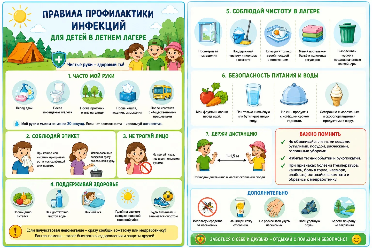 Правила профилактики инфекций в летнем лагере


В детском лагере необходимо обеспечить:
Соблюдение п