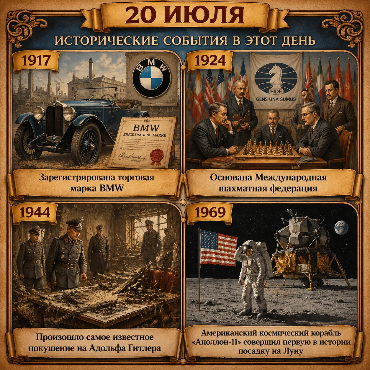 🗓События произошедшие 20 июля:

1917 - Зарегистрирована торговая марка BMW 

1924 - Основана Междун