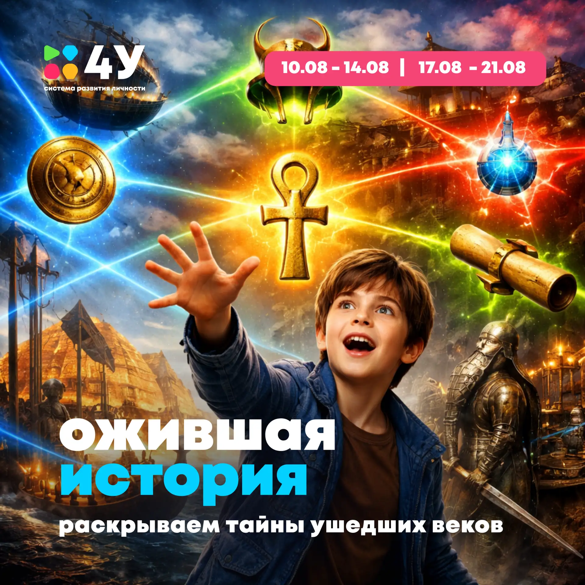 Смена «ОЖИВШАЯ ИСТОРИЯ»
📅 10 августа – 21 августа

⏳ Представьте:
утром ребёнок оказался в Древнем 