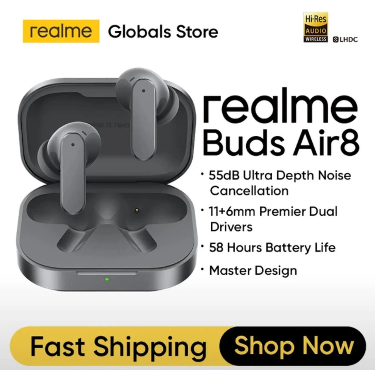 #AliExpress 

🔲 TWS-наушники Realme Buds Air 8 с топовым активным шумоподавлением (до 55 дБ) и авто