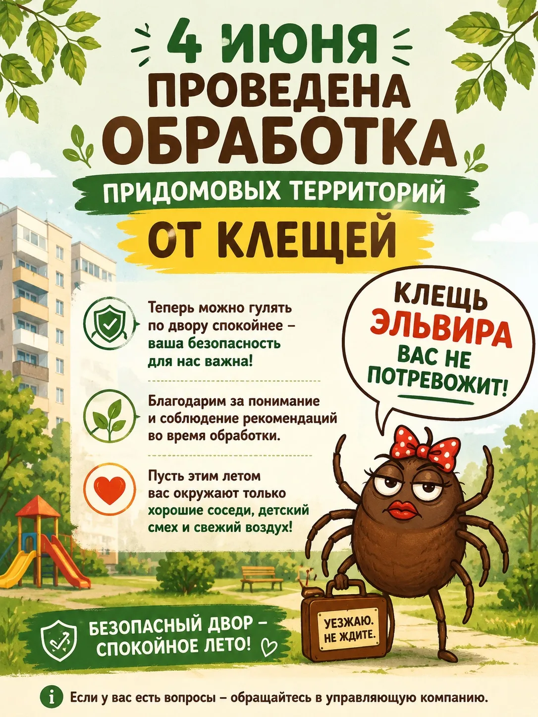 4 июня на наших придомовых территориях была проведена обработка от клещей.

Теперь можно гулять по д