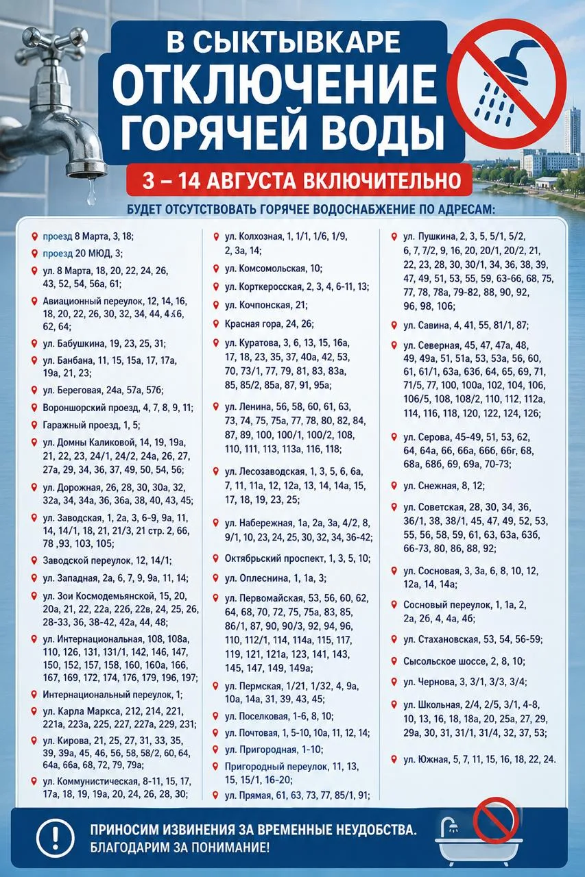 ❗️В Сыктывкаре с 3 августа снова начнут отключать горячую воду

Продолжатся гидравлические испытания
