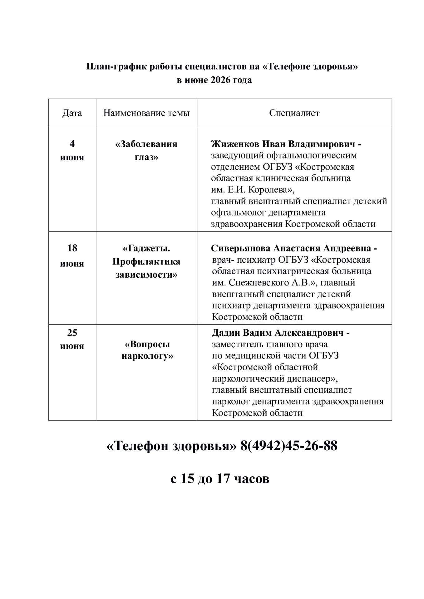 «Телефон здоровья» - еженедельное профилактическое мероприятие. Каждый четверг с 15 до 17 часов можн