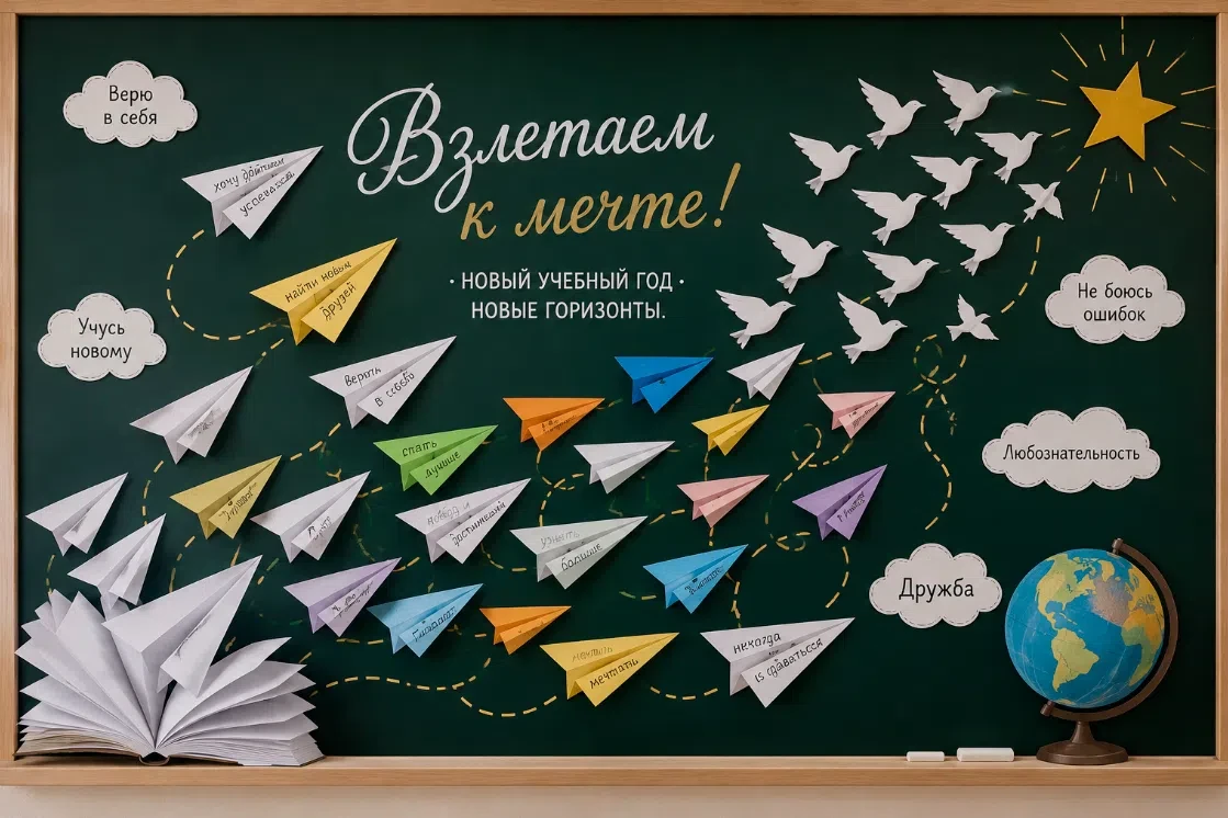Предлагаю вам вариант оформления доски ко Дню Знаний в тематике "Взлетаем к мечте!"

Этот вариант оф