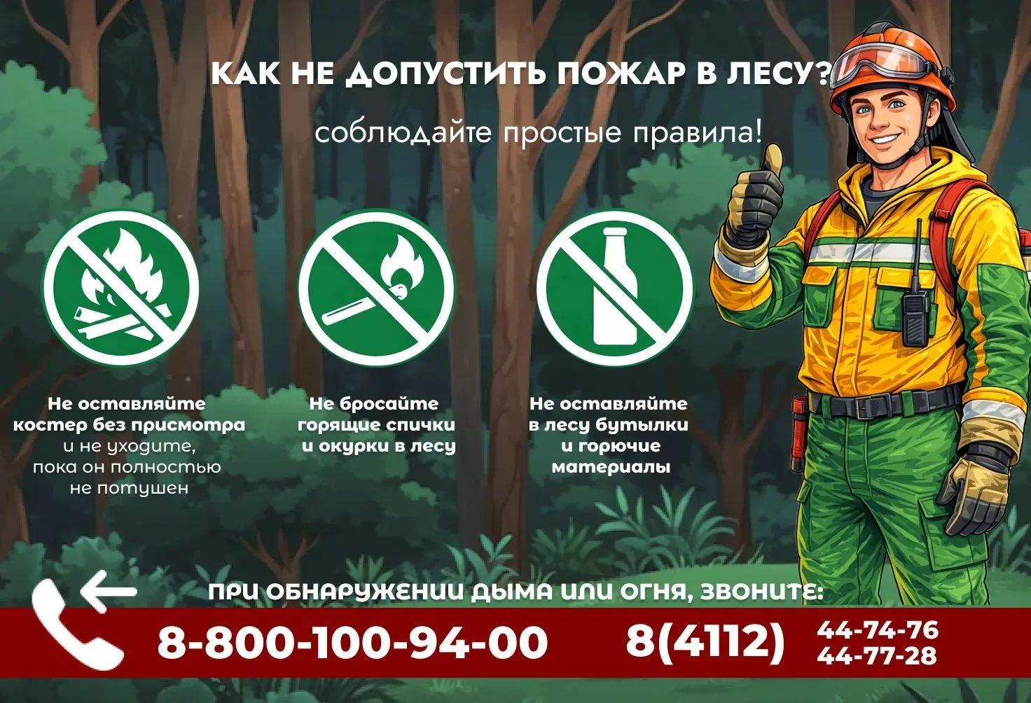 🌲 Будь осторожен с огнем в лесу!

Одна непотушенная спичка, одна выжженная сухая трава — и огонь ух