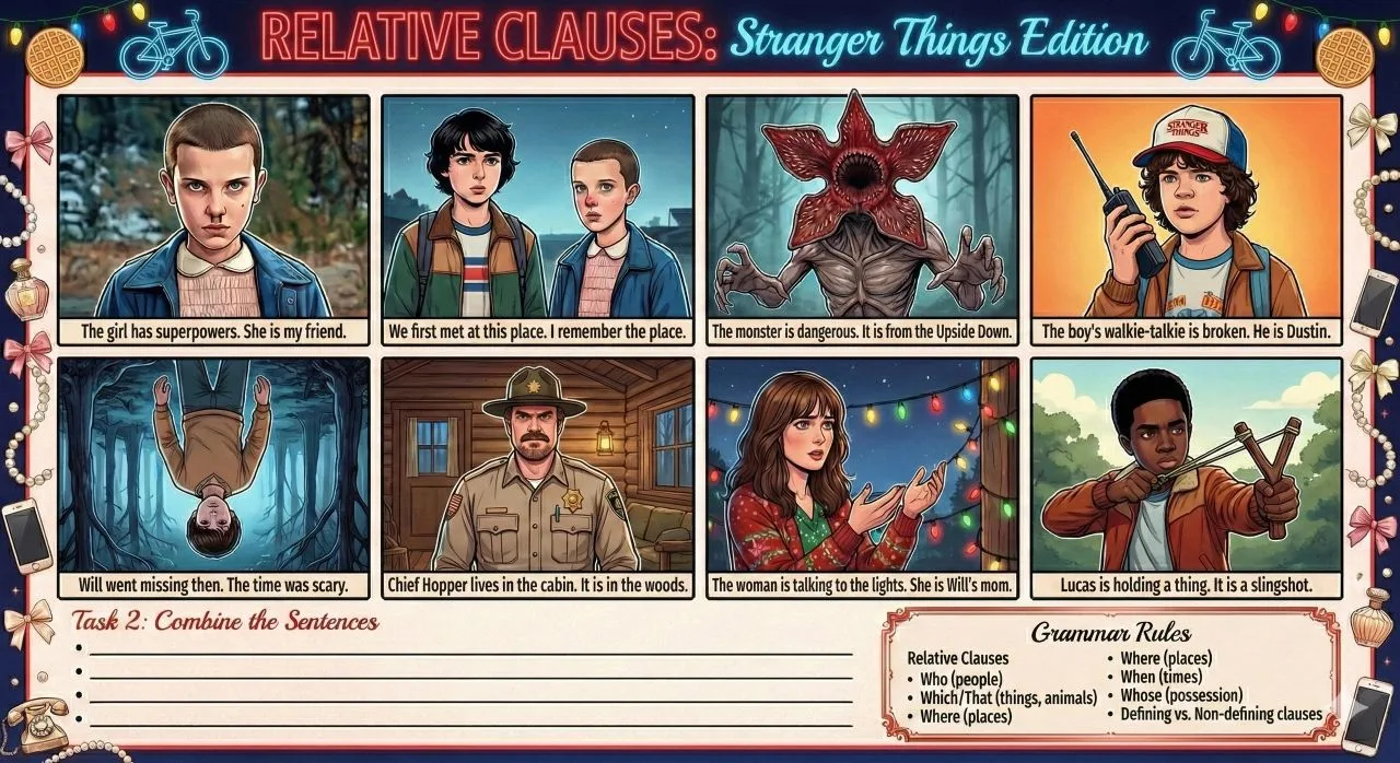 🧇 GRAMMAR FROM THE UPSIDE DOWN: Отрабатываем Relative Clauses с героями Stranger Things! 🚲 
 
🔥 3