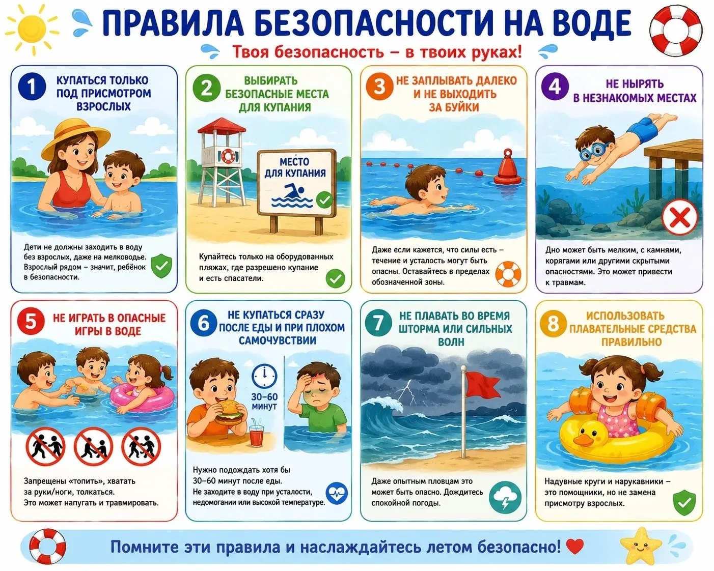 1. Купаться только под присмотром взрослых
Дети не должны заходить в воду без взрослых, даже на мелк
