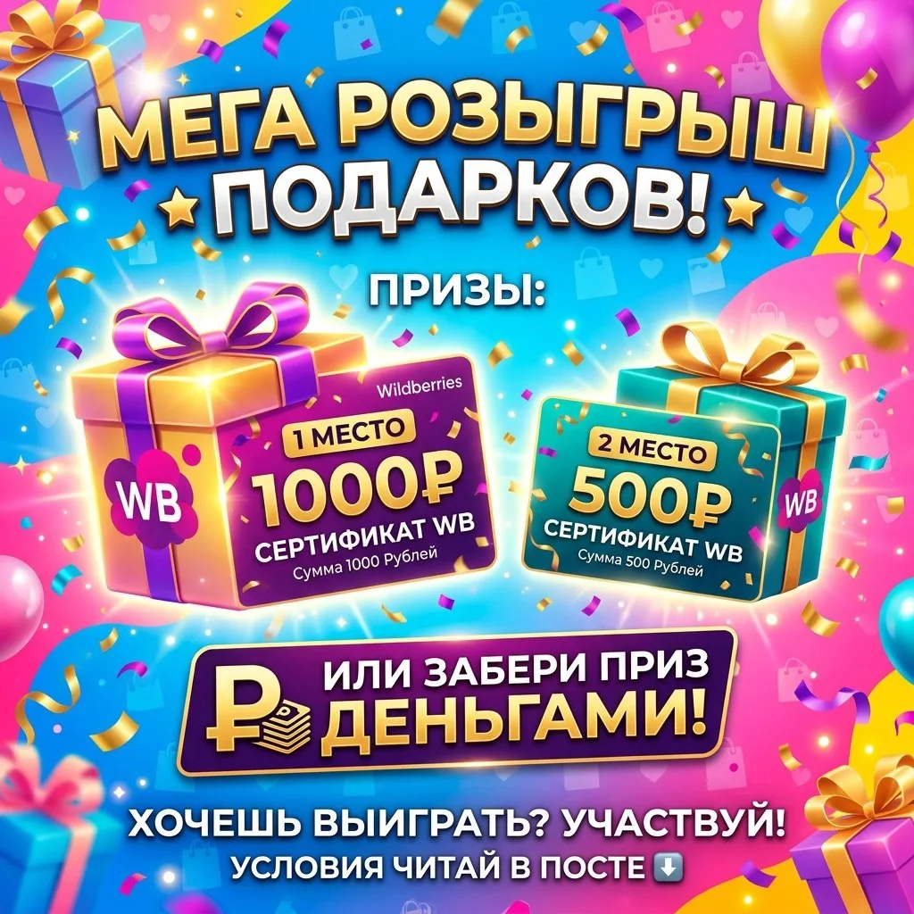 🤩Дарим вам 2 сертификата на WB 🤩
Условия:
1. Подписаться на все каналы 
2. Проявлять актив
3.Нажат