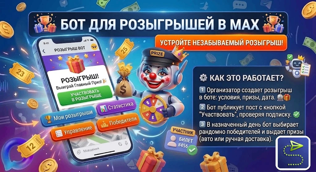 БОТ ДЛЯ РОЗЫГРЫШЕЙ В МАХ
Организуйте конкурс для подписчиков вашего канала и привлеките новую аудито