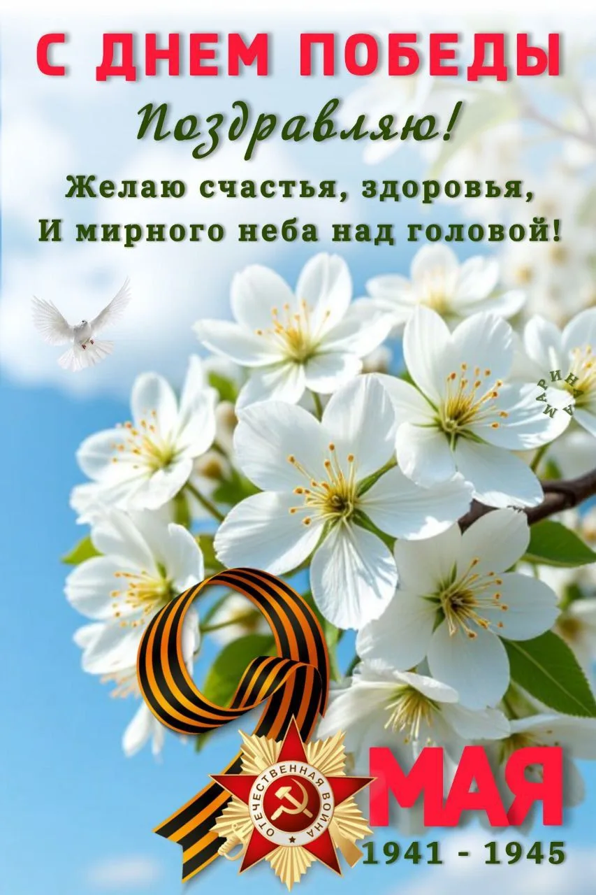 С Днем Победы! Желаю, чтобы на нашей планете был мир и покой, а в наших сердцах — надежда и радость.