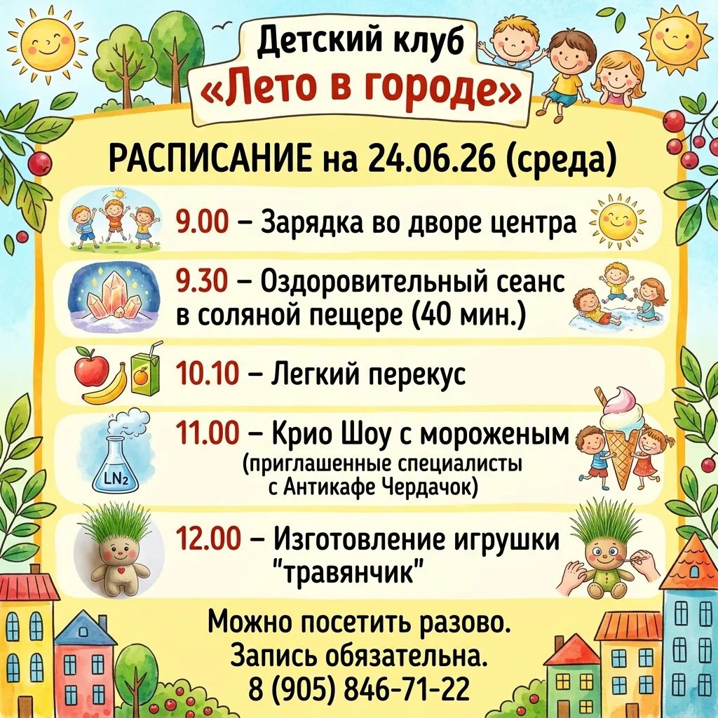 Детский клуб «Лето в городе» работает с понедельника по пятницу с 9.00 до 13.00 
Длительность потока