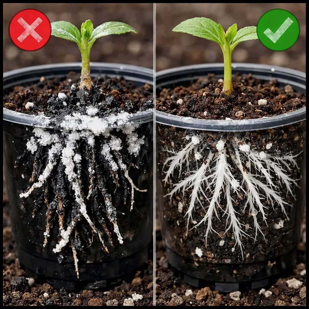 🌱 ПОЧЕМУ НЕЛЬЗЯ СЫПАТЬ СУХОЙ «КОРНЕВИН» ПРЯМО НА КОРНИ
При пикировке корни часто густо обмакивают в