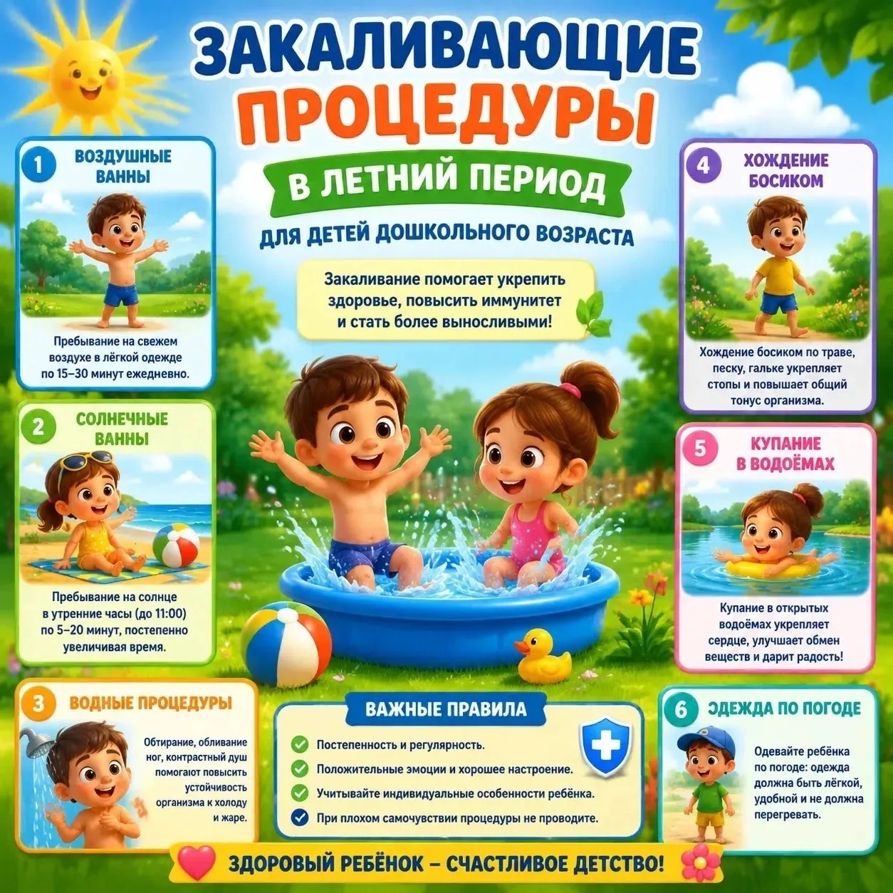 🌟Дорогие родители!

Летний период — отличное время для закаливающих процедур!🌊

В нашей карточке м