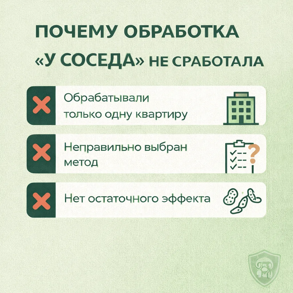 🏠 ПОЧЕМУ ОБРАБОТКА “У СОСЕДА” НЕ СРАБОТАЛА
❌ Причина 1: Обрабатывали только одну квартиру
Насекомые