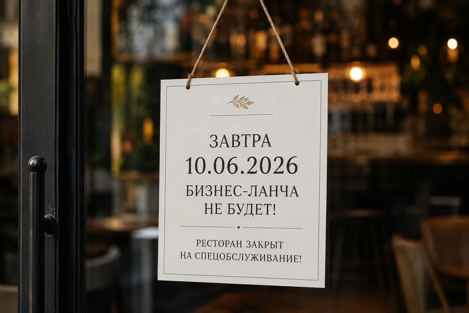 Уважаемые гости !

10.06.2026 бизнес-ланча не будет.

Ресторан закрыт на спецобслуживание.

Приносим
