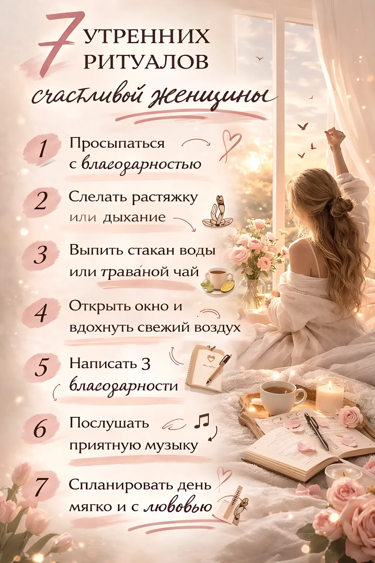 🥰☀️ Утро задаёт тон всему дню. Эти 7 мягких утренних ритуалов помогают женщине начать день спокойно