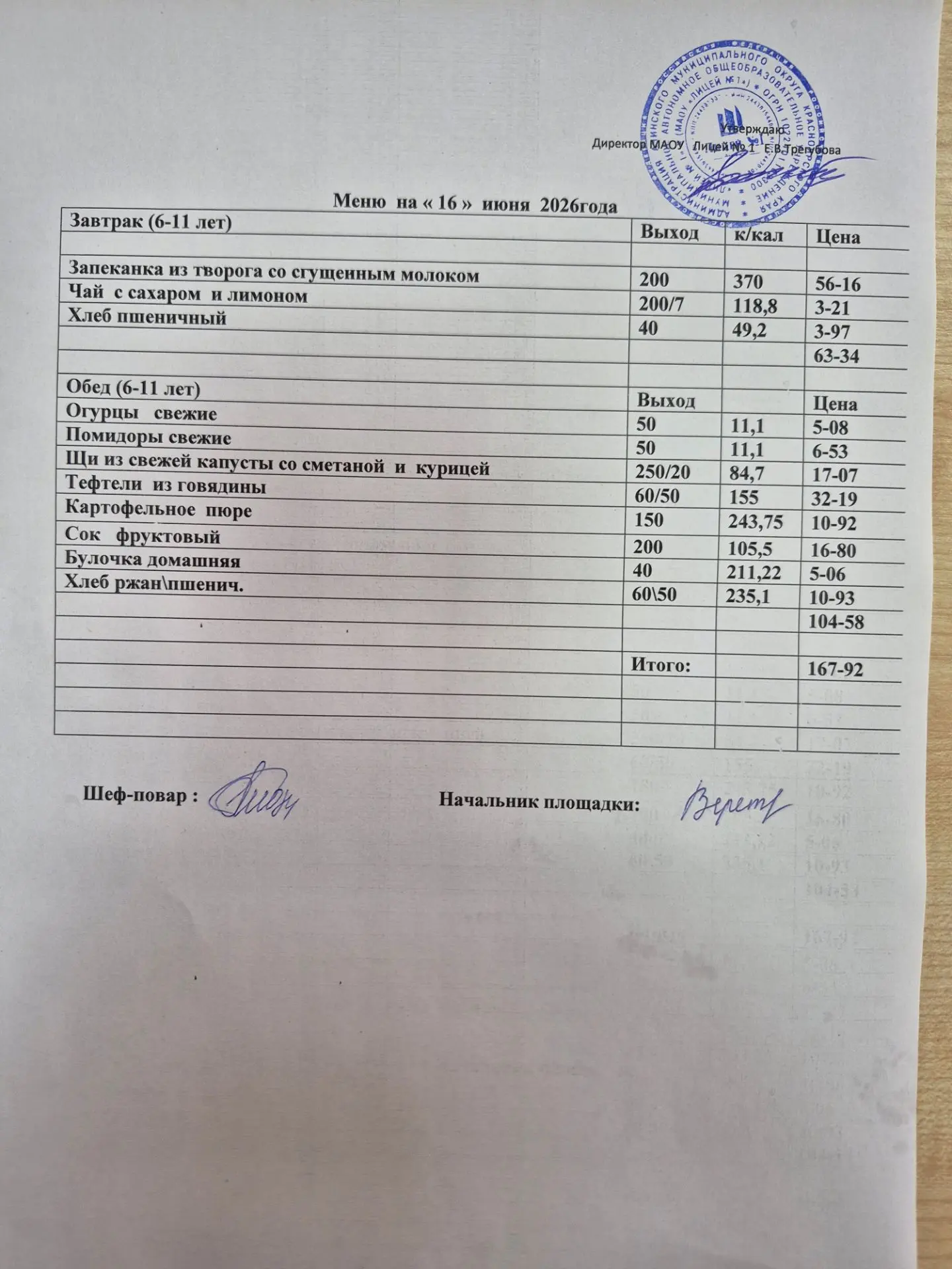 Меню учреждения с дневным пребыванием детей - 16 июня