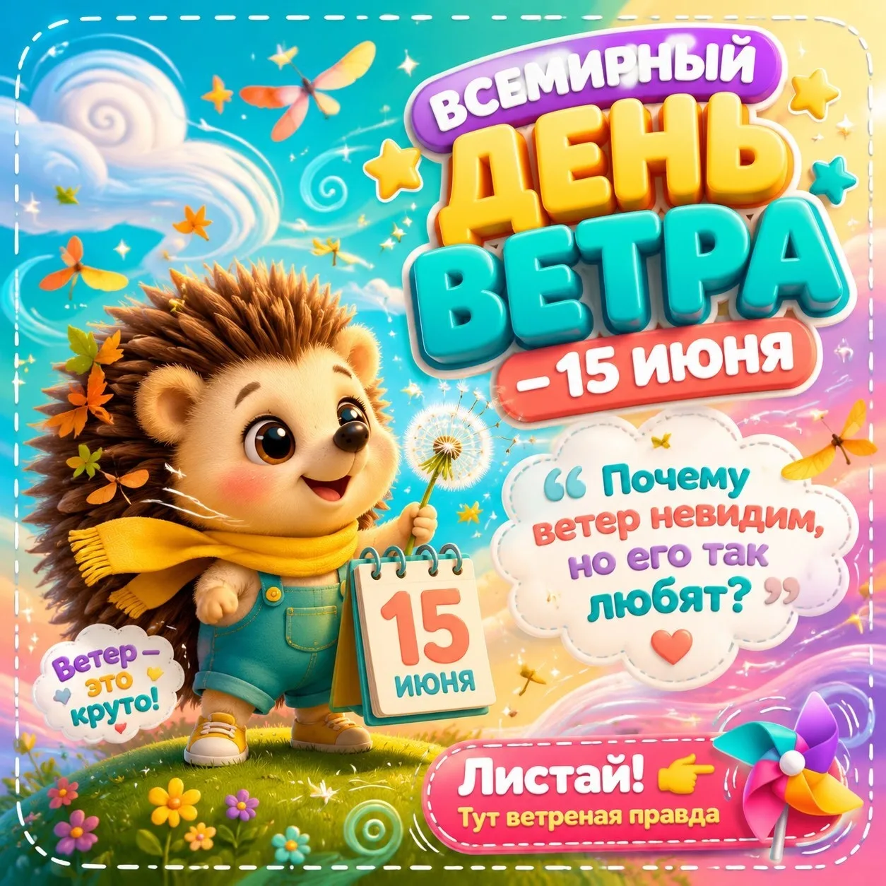 15 июня — Всемирный День Ветра! 🌬️

Ветер — невидимый волшебник. Сегодня узнаем, почему он дует и з