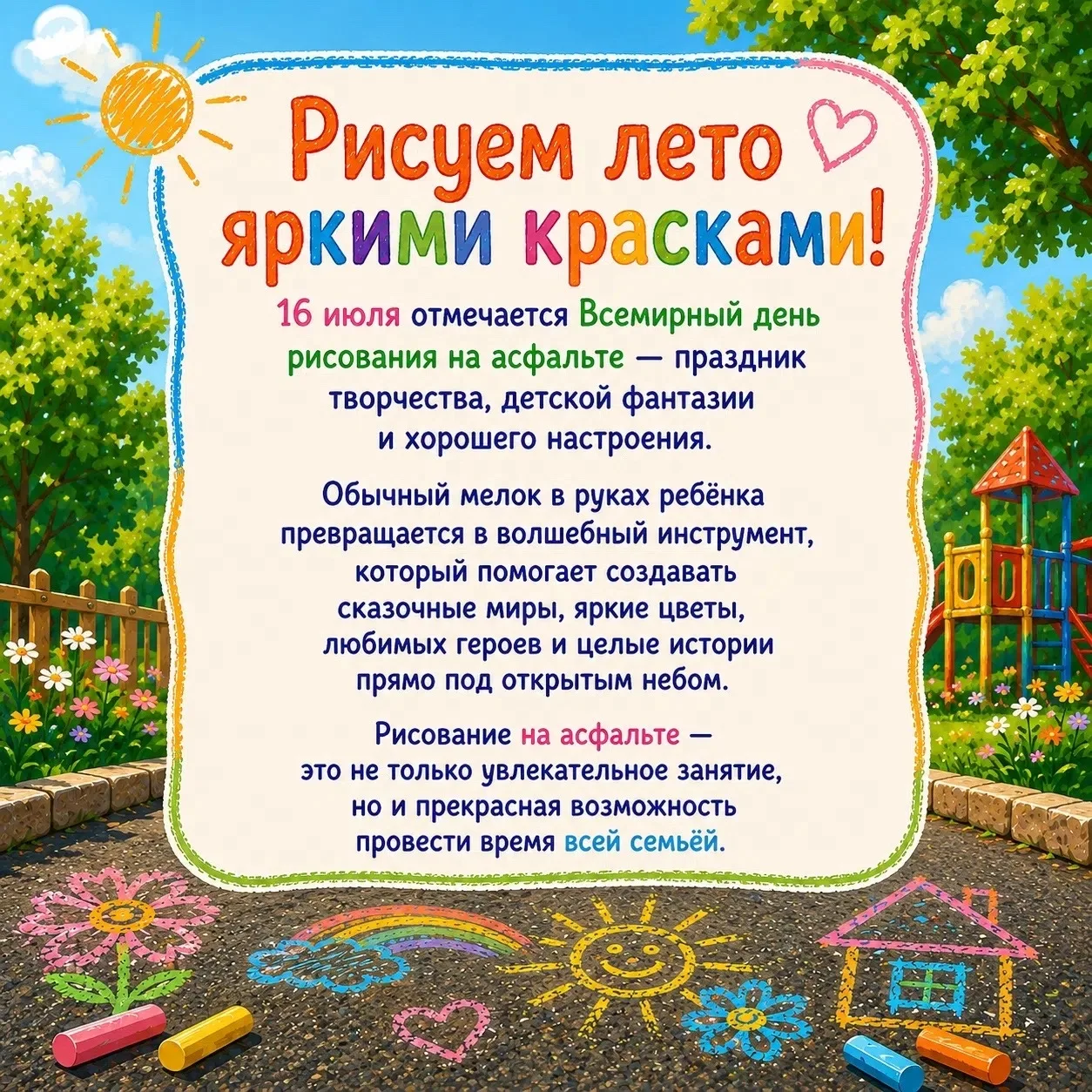 1⃣6⃣ июля - День рисования на асфальте 

Замечательный повод провести время с ребёнком интересно, ак